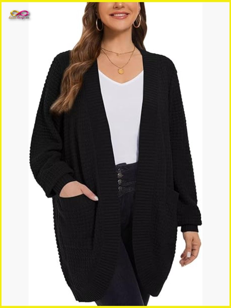Plus Size Long Cardigan Open Front Sweater With Pockets Waffle Knit Oversized